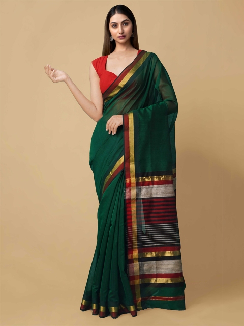 

Unnati Silks Green & Red Pure Handloom Sustainable Silk Cotton Maheshwari Saree