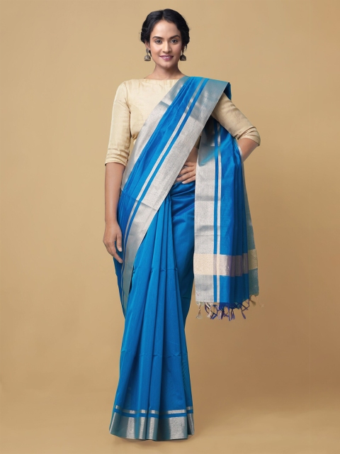 

Unnati Silks Blue & Silver Zari Silk Cotton Pure Handloom Sustainable Baluchari Saree