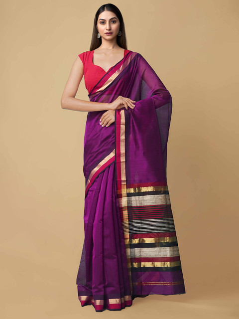 

Unnati Silks Purple & Gold-Toned Silk Cotton Maheshwari Saree