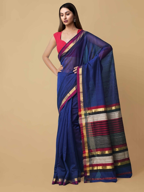 

Unnati Silks Blue & Gold-Toned Zari Silk Cotton Handloom Sustainable Maheshwari Saree