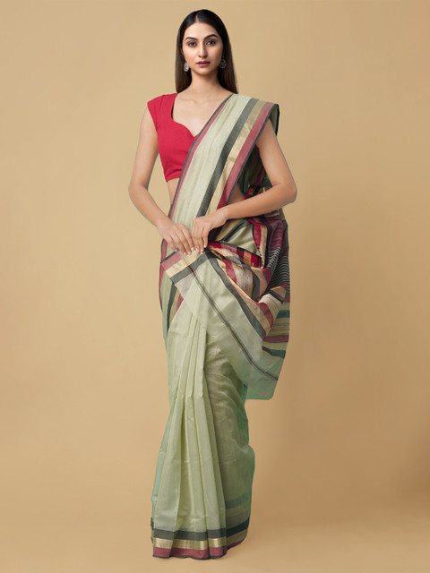 

Unnati Silks Women Green & Pink Pure Handloom Maheshwari Sico Sustainable Saree