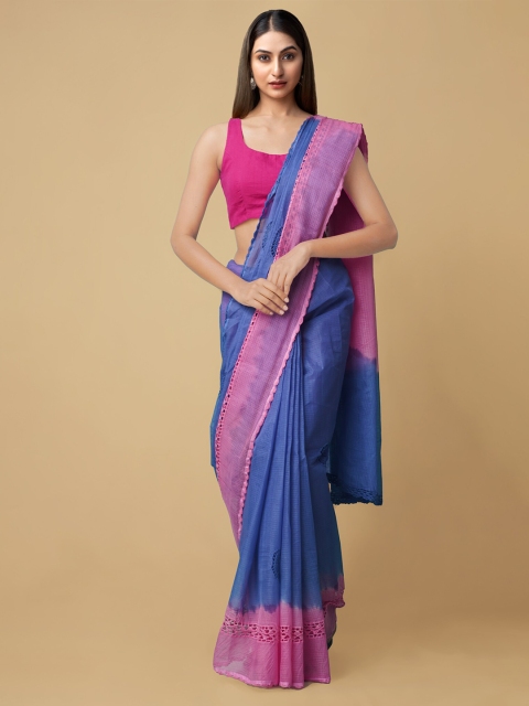 

Unnati Silks Blue & Pink Croation Embroidered Handloom Sustainable Pure Cotton Kota Saree