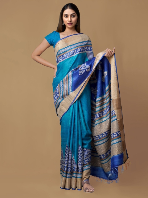 

Unnati Silks Blue & White Zari Pure Handloom Silk Sustainable Tussar Saree