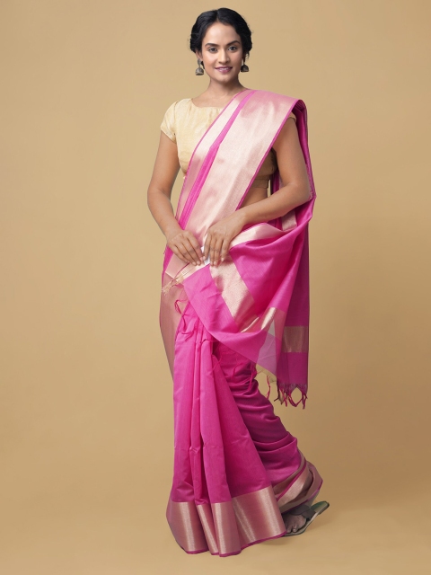 

Unnati Silks Pink & Gold-Toned Silk Cotton Baluchari Saree