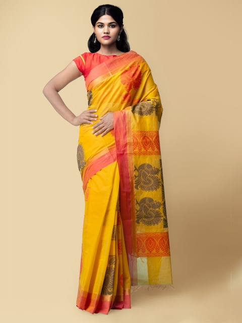 

Unnati Silks Yellow & Orange Ethnic Motifs Pure Cotton Handloom Sustainable Uppada Saree