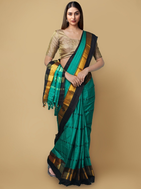 

Unnati Silks Green & Black Woven Design Zari Silk Cotton Narayan Peth Saree