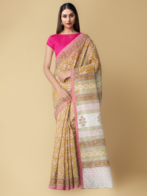 

Unnati Silks Women Yellow & Pink Block Printed Chanderi Sico Sustainable Saree