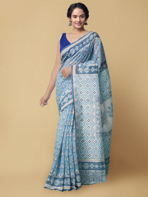 

Unnati Silks Women Blue & White Pure Block Printed Chanderi Sico Saree