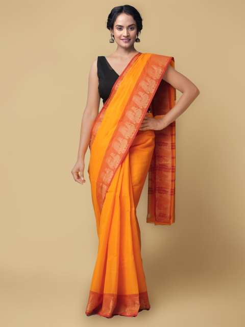 

Unnati Silks Women Orange & Red Pure Handloom Chettinad Cotton Saree