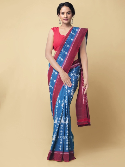 

Unnati Silks Blue & White Pure Cotton Handloom Sustainable Ikat Pochampally Saree