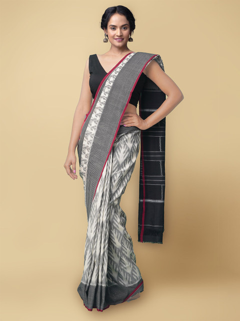 

Unnati Silks Grey & White Woven Design Zari Pure Cotton Pochampally Sustainable Saree