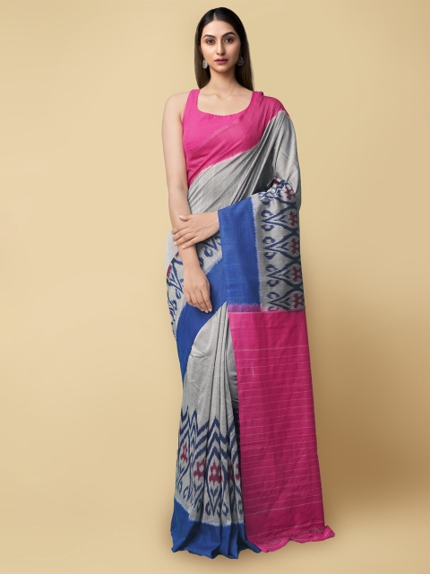 

Unnati Silks Grey & Blue Woven Design Pure Cotton Pochampally Saree