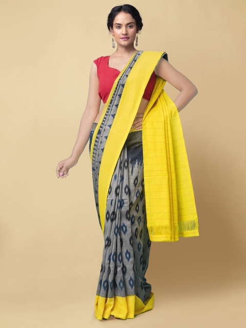 

Unnati Silks Grey & Yellow Ikat Woven Design Pure Handloom Cotton Pochampally Saree