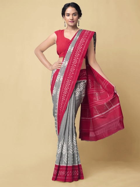 

Unnati Silks Grey & Magenta Ethnic Motifs Cotton Handloom Pochampally Sustainable Saree