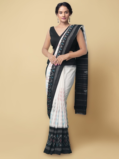 

Unnati Silks White & Black Pure Cotton Pochampally Saree