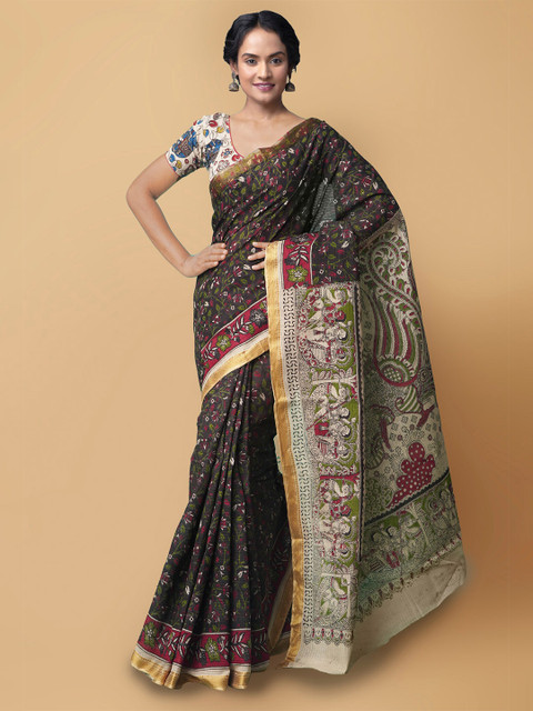 

Unnati Silks Black & Green Kalamkari Pure Cotton Block Print Sustainable Saree