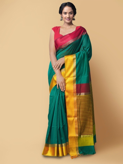 

Unnati Silks Green & Yellow Zari Silk Cotton Maheshwari Saree