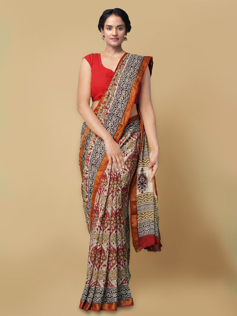 

Unnati Silks Red & Off White Floral Pure Cotton handloom Sustainable Bagru Saree