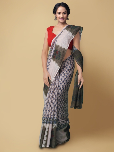 

Unnati Silks Cream-Coloured & Blue Floral Pure Cotton Kota Sustainable Saree