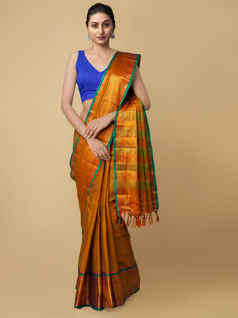 

Unnati Silks Orange & Green Zari Pure Handloom Sustainable Silk Cotton Narayan Peth Saree