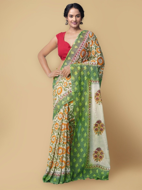 

Unnati Silks Green & White Floral Pure Cotton Kota Saree