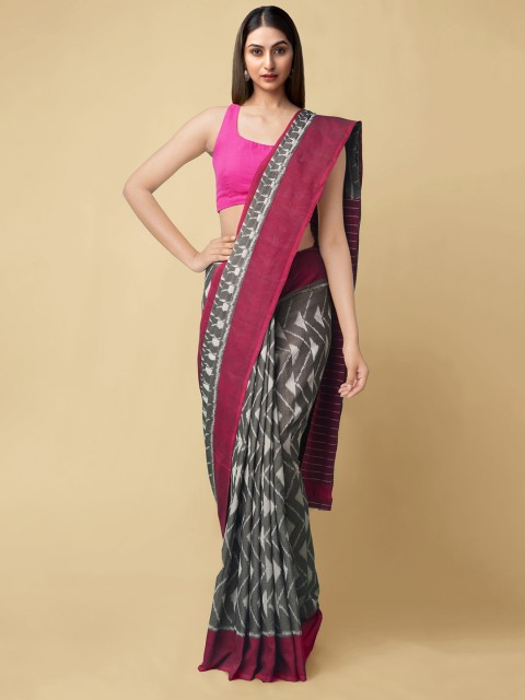 

Unnati Silks Grey & White Pure Cotton Handloom Sustianable Ikat Pochampally Saree