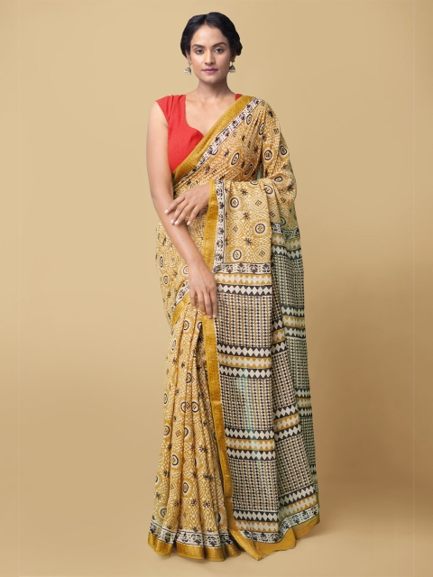 

Unnati Silks Women Brown & White Preet Bagru Mulmul Cotton Sustainable Saree