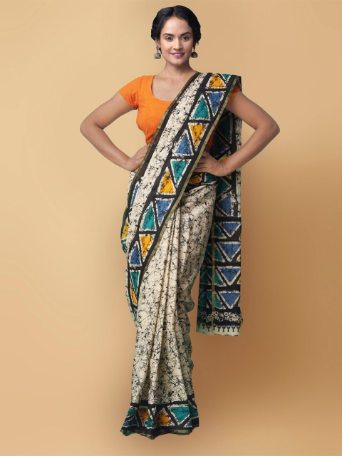 

Unnati Silks Women Cream-Coloured & Black Pure Batik Cotton Saree