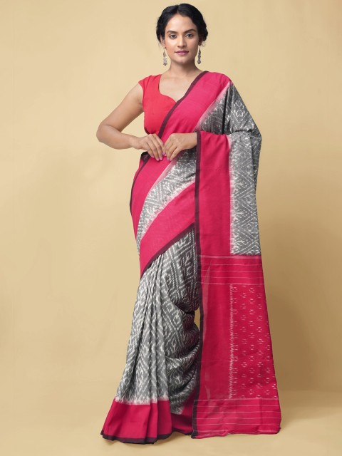 

Unnati Silks Grey & Pink Ikat Woven Design Pure Handloom Cotton Pochampally Saree