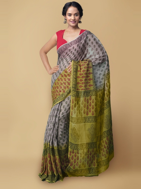

Unnati Silks Grey & Red Block Printed Pure Cotton Kota Sustainable Saree