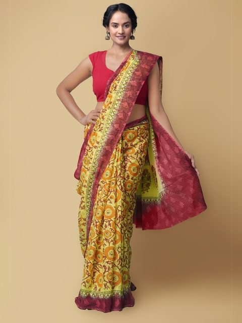 

Unnati Silks Women Yellow & Pink Pure Hand Block Printed Kota Cotton Sustainable Saree