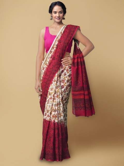 

Unnati Silks Cream-Coloured & Burgundy Floral Hand Block Printed Pure Cotton Kota Saree