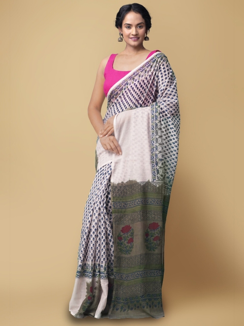 

Unnati Silks Women Cream-Coloured & Blue Pure Hand Block Printed Kota Cotton Sustainable Saree
