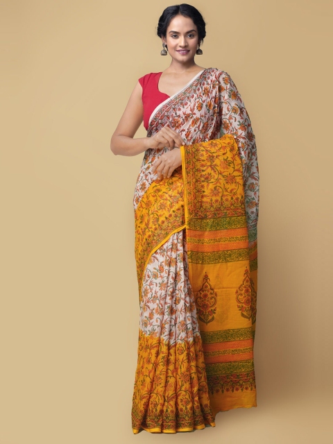 

Unnati Silks White & Yellow Floral Pure Cotton Kota Saree