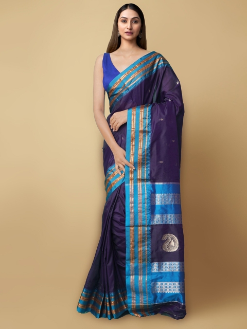 

Unnati Silks Blue & Turquoise Blue Woven Design Zari Silk Cotton Narayan Peth Saree
