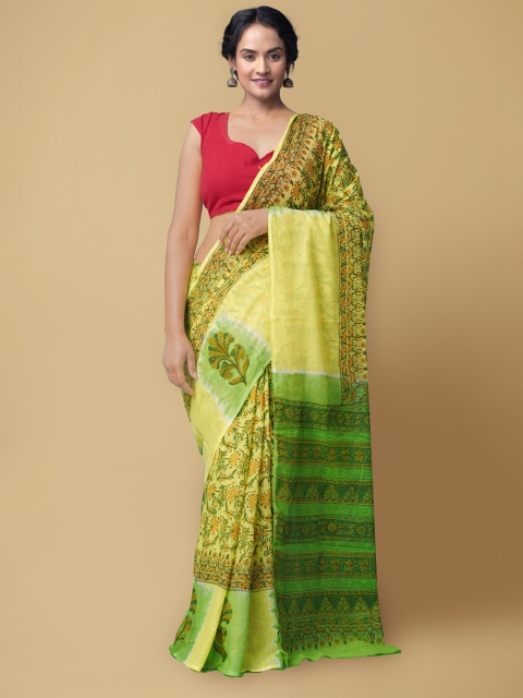 

Unnati Silks Yellow & Green Hand Block Floral Pure Cotton Handloom Sustainable Kota Saree