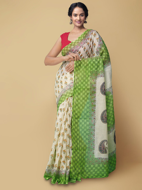 

Unnati Silks Cream-Coloured & Green Block Printed Pure Cotton Kota Sustainable Saree