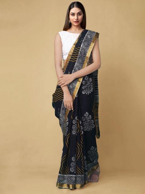 

Unnati Silks Black & White Printed Zari Pure Cotton Block Print Saree