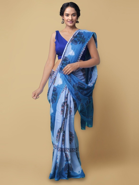

Unnati Silks Women Blue & Maroon Pure Hand Block Printed Kota Cotton Sustainable Saree