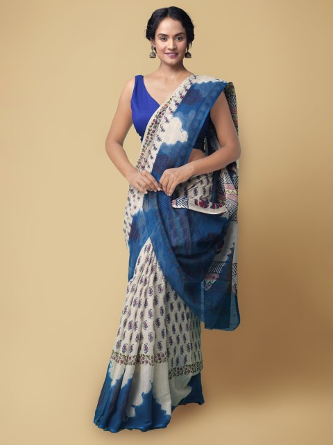 

Unnati Silks Cream-Coloured & Blue Block Printed Pure Cotton Kota Sustainable Saree