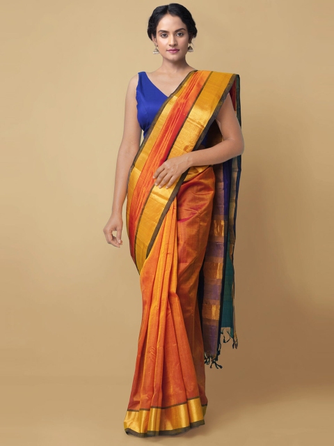 

Unnati Silks Orange & Purple Woven Design Zari Silk Cotton Kanjeevaram Saree