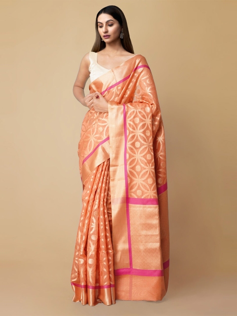 

Unnati Silks Orange & Pink Zari Silk Cotton Sustainable Banarasi Saree