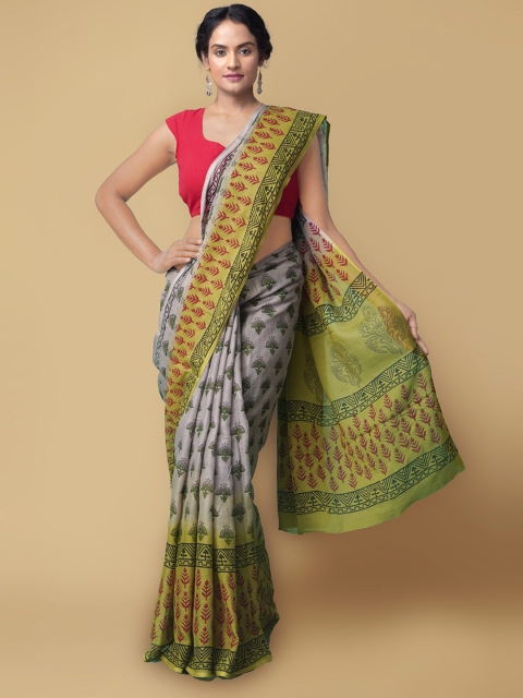 

Unnati Silks Grey & Green Ethnic Motifs Printed Pure Cotton Kota Saree
