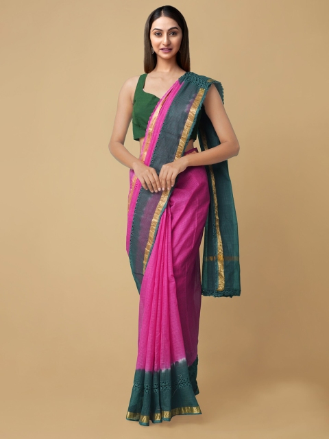 

Unnati Silks Pink & Green Croation Embroidery Checked Pure Cotton Sustainable Kota Saree