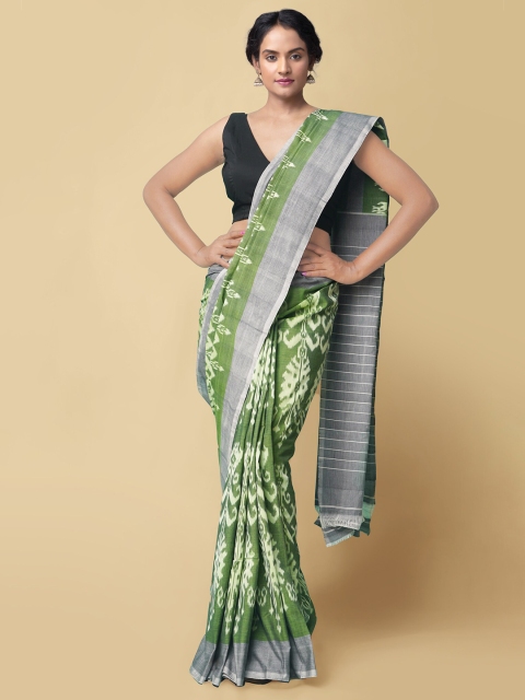 

Unnati Silks Green & Cream-Coloured Pure Cotton Handloom Sustainable Pochampally Saree