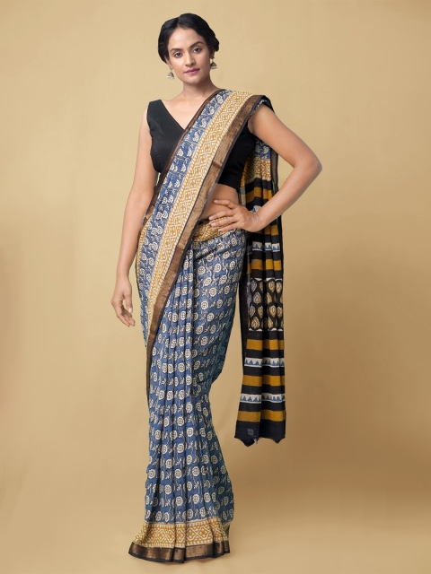 

Unnati Silks Women Blue & Off white Preet Bagru Mulmul Cotton Saree