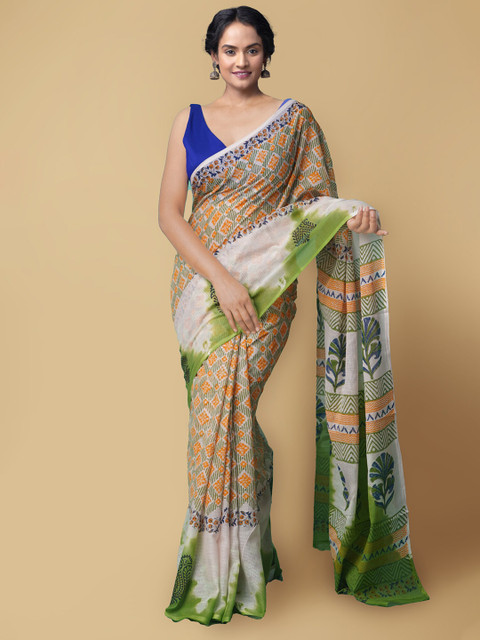 

Unnati Silks Green & Orange Hand Block Printed Pure Cotton Kota Saree