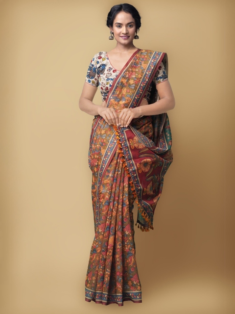 

Unnati Silks Brown & Grey Kalamkari Silk Cotton Chanderi Saree