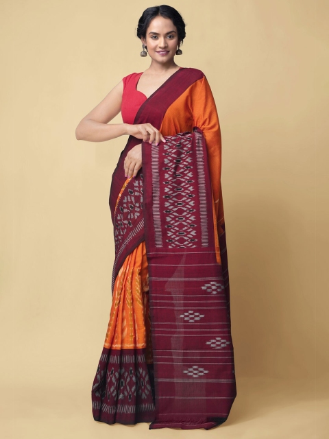 

Unnati Silks Orange & Burgundy Printed Pure Cotton Pochampally Saree