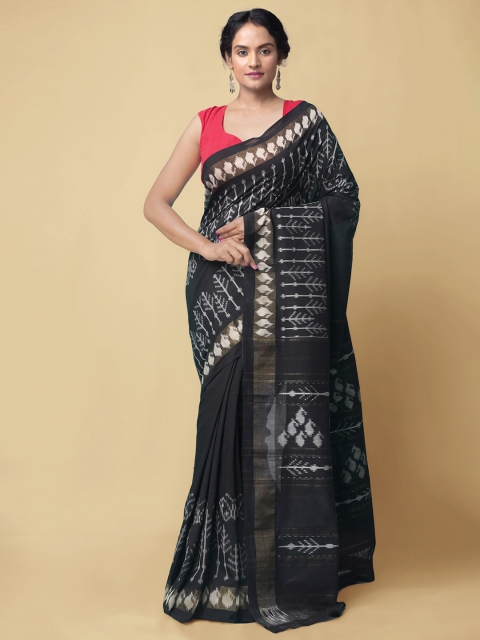 

Unnati Silks Black & White Ikat Woven Design Pure Handloom Cotton Pochampally Saree